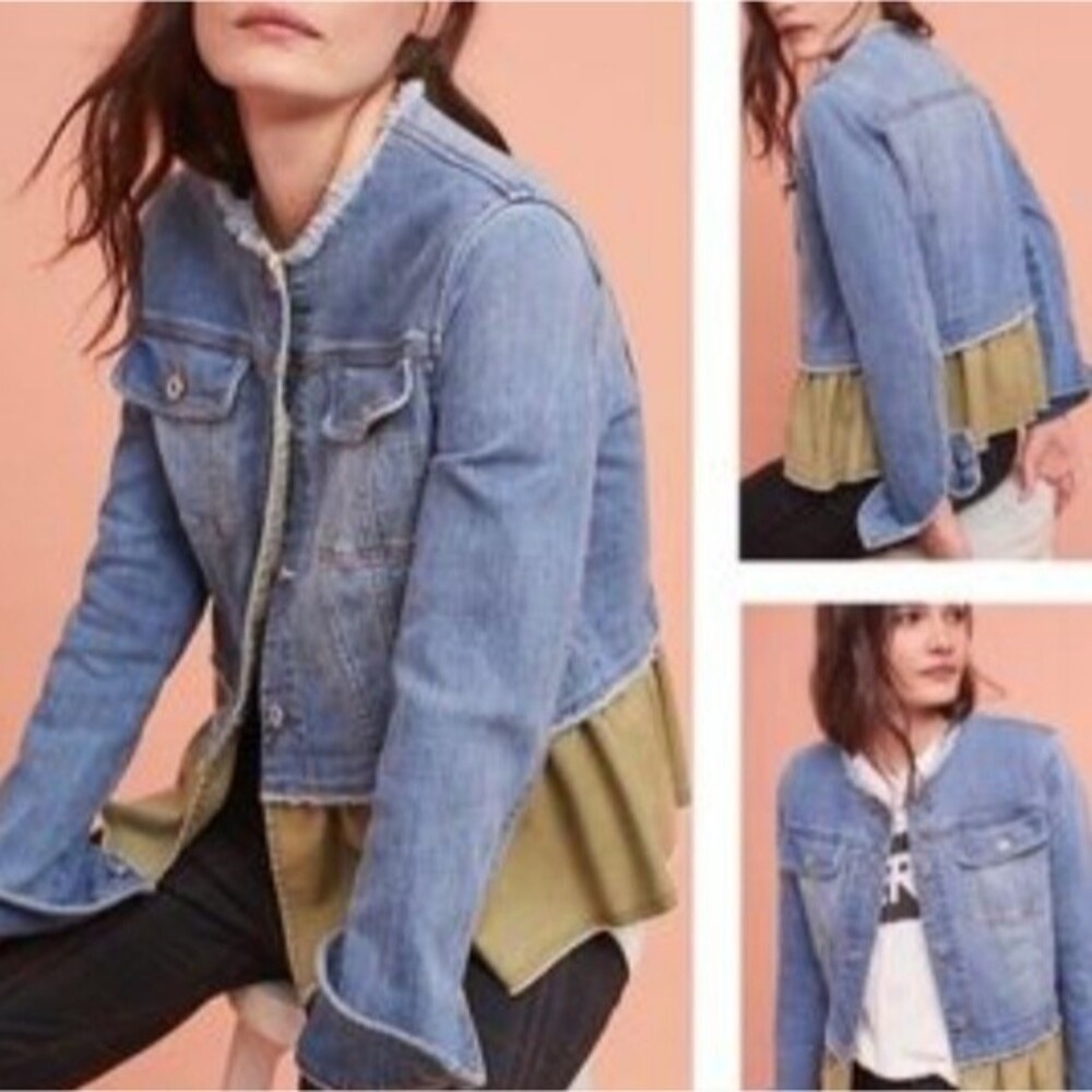 Pilcro Anthropologie Mixed Media Denim Peplum Jacket Blue Olive XS